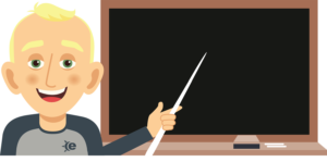 cartoon man (Andy Avatar) pointing at blackboard